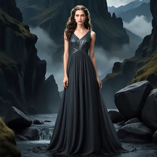 Prompt: fantasy old long dress  , lord of the rings inspiration design, royal black , simple dark slate grey triangle shape on chest , determined face , enchanting night background 