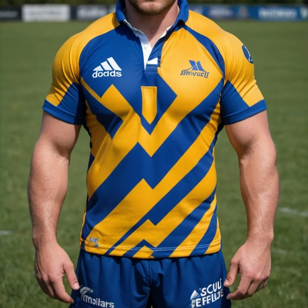 Prompt: je souhaite créer un maillot de rugby en jaune. 
il doit y avoir au milieu du torse en filigrane bleu une tête de tigre féroce et un chevron bleu en haut au milieu du torse et des griffures sous la tête