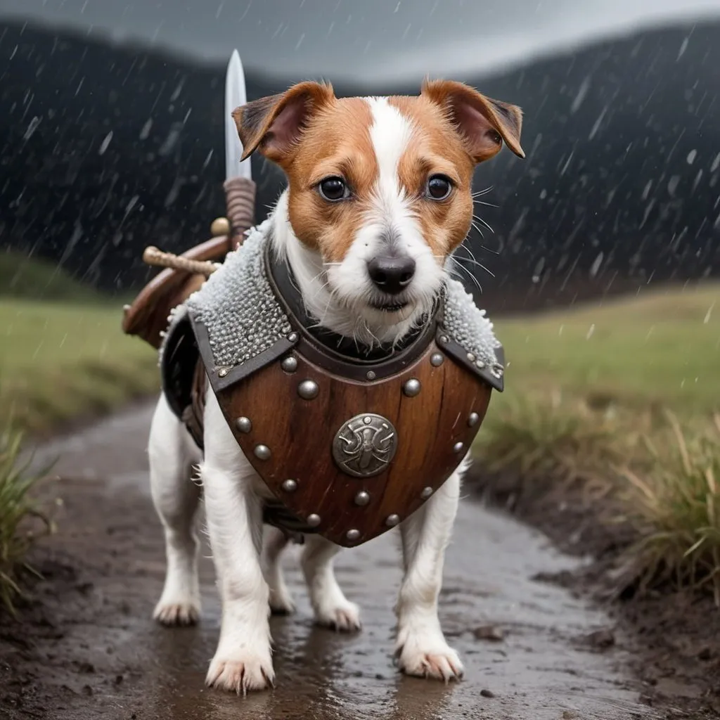 Prompt: Jack russell terrier walking through a hail storm dressed like a viking with sword hanging from vest and wood 
shield squinting