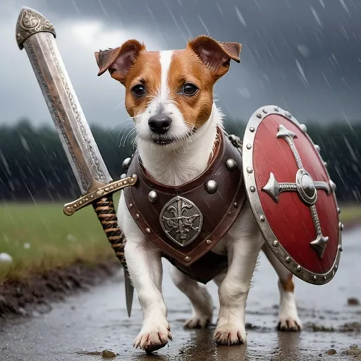 Prompt: Jack russell terrier walking through a hail storm dressed like a viking with sword and shield squinting