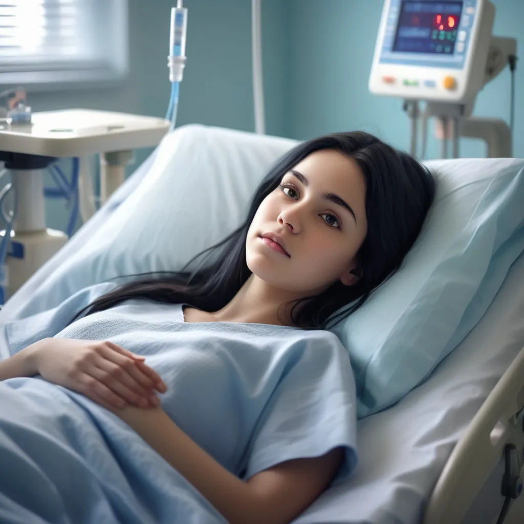 Prompt: (a young beautiful girl) with black hair laying in a hospital bed, (soft, warm lighting), conveying a sense of calm amidst an atmosphere of healing, hospital room setting with delicate medical equipment, (gentle expression), surrounded by serene colors like pastel blues and whites, (ultra-detailed), evoking both hope and tranquility.