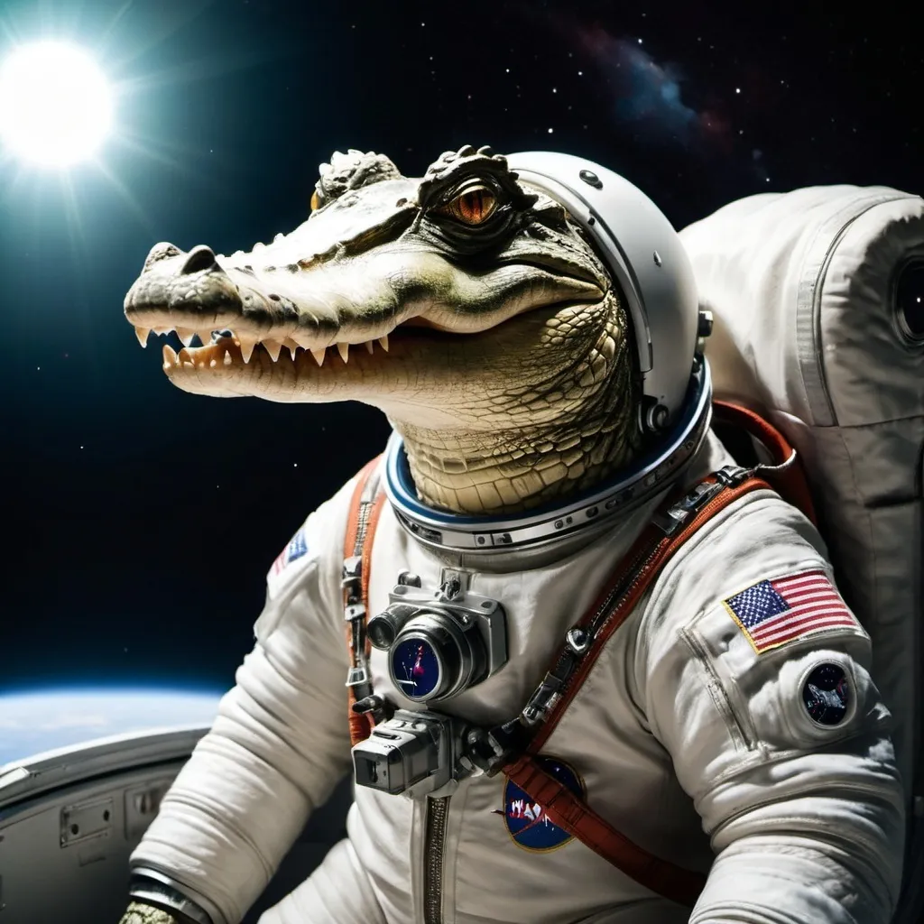 Prompt: A crocodile in a spacesuit  in space 