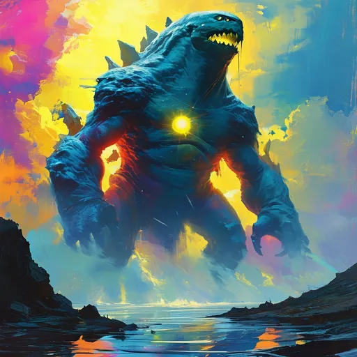 Prompt: a giant monster with a glowing face and a glowing body of water in front of a colorful background of clouds and stars, Anato Finnstark, space art, cosmic horror, concept art