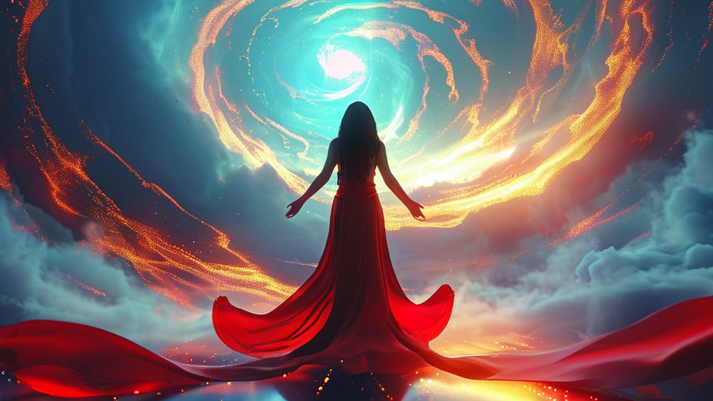 Prompt: Woman with her arms spread stand before a swirling vortex of power, divine and heavenly scene, galaxy in front of woman, professional, 4k, ultra-detailed, anime, elegant, detailed dress, futuristic, cool tones, atmospheric lighting, red glow, intense clouds, glitter, star patterns, unreal engine highly rendered, computer graphics, (ultra-detailed), high quality