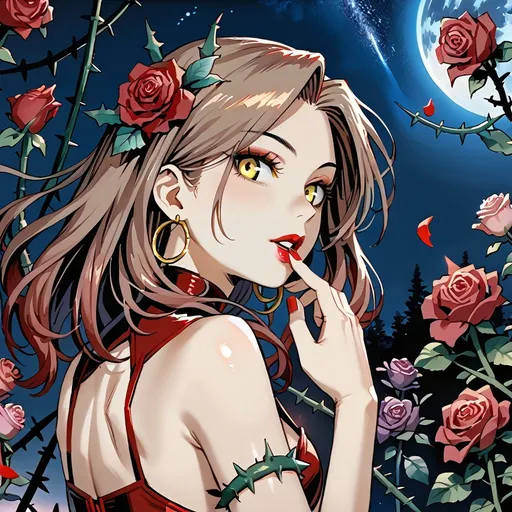 Prompt: 1girl, earrings, sideface, looking left, flower, hair flower, hair ornament, hoop earrings, jewelry, lipstick, makeup, night, night sky, petals, pink flower, pink rose, purple rose, red flower, red nails, red rose, rose, rose petals, solo, space, star \(sky\), starry sky, thorns, yellow eyes