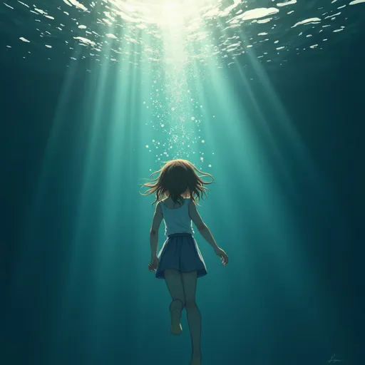 Prompt: 1girl sinking into a lake, bubbles rising from the depths, viewed from above, light rays through the water