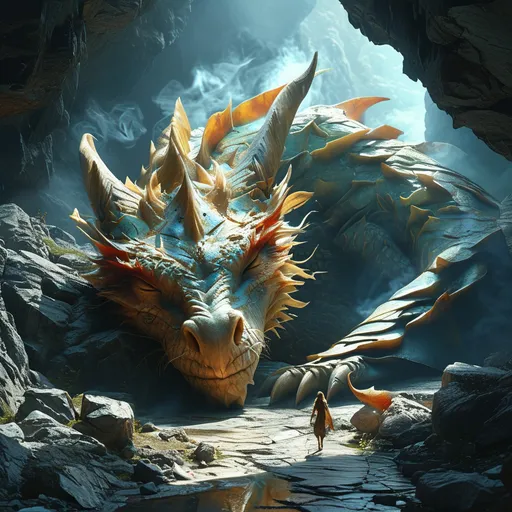 Prompt: Ancient dragon with chipped scales and tattered leather skin sleeping beneath a mountain, bronze and turquoise scales, white fur around chin, smoke and haze, damp cave, small man and woman sneaking around, dark lighting, epic scale difference, mysterious atmosphere, cool tones with hints of bronze and turquoise reflections, detailed cave interiors with intricate stone formations, high-depth cinematic artistry, ultra-detailed, 4K, dramatic shadows and light play enhancing the tension, fantasy artwork masterpiece.