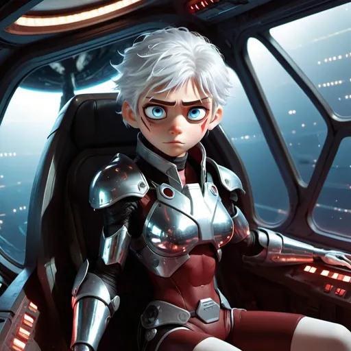 Prompt: Cute anime girl in futuristic chrome armor, white hair covering 1 eye, dark red and black attire, sitting in spaceship cockpit, warm lighting, LED lights, cozy chair, buttons, viewed from right, window, reflections, spaceship interior, highres, detailed, anime, futuristic, warm lighting, cozy atmosphere, chrome armor, pastel tones, spaceship cockpit, detailed eyes, professional, futuristic style