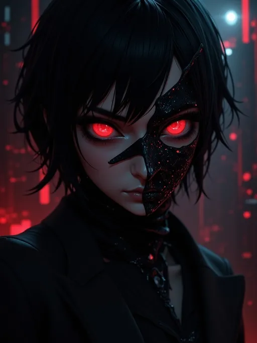 Prompt: a woman with red eyes and a black mask on her face is staring at the camera with a creepy look on her face, dark to light gradient, Cedric Peyravernay, gothic art, yukito kishiro, cyberpunk art