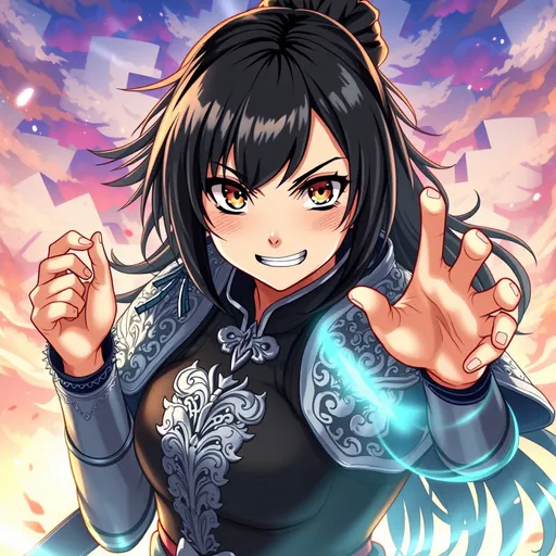 Prompt: Naruto-inspired illustration of a girl wearing samurai armor with silver and lace details, attack on Titan-inspired, (black hair), (hazel eyes), (muscular, toned), (detailed hands), (detailed face), (vibrant color scheme), (soft color palette), (vivid and eye-catching), (White and cyan glow), ultra-detailed, high-quality, dynamic pose, captivating background, energetic ambiance, action lines, intense pose, angry grin expression