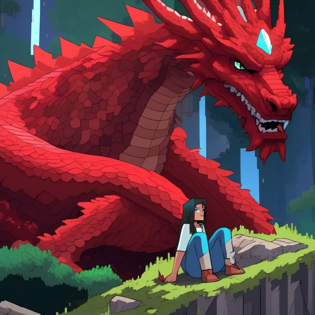 Prompt: (minecraft style), (cool color scheme), a woman kneeling beside a majestic dragon on a rugged rock in an enchanting forest, a large red dragon perched on her shoulder, vivid details, sparkling gems scattered on the ground, dynamic composition, (Akira Toriyama inspired), sots art, captivating and colorful, (comic book panel style), high-quality, ultra-detailed, magical ambiance.