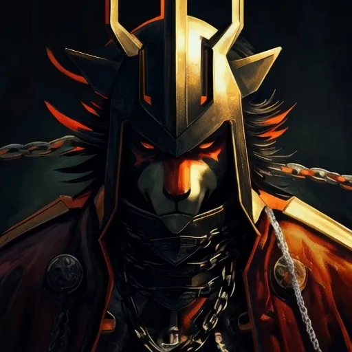 Prompt: Anime character (Baiōken Eishun), wearing a sleek helmet and gripping a majestic sword, enveloped in a moody dark background, adorned with chains providing a gritty tension, a chain elegantly resting around his neck, warm color scheme, visually striking, (highly detailed painting), vibrant yet somber ambiance, evocative artistry reminiscent of official concepts.