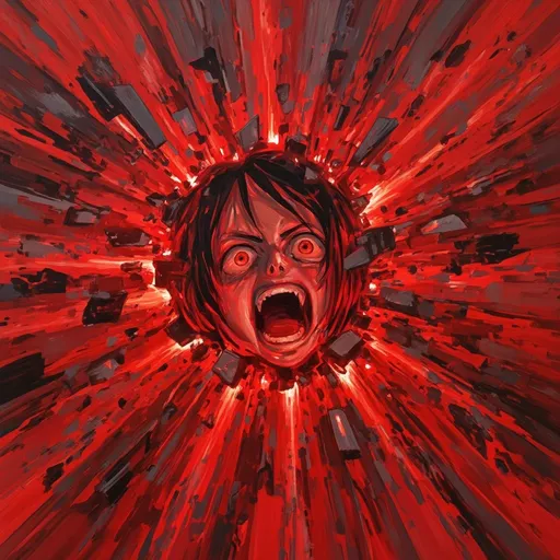 Prompt: a adorable girl painted in the style of attack on titan screaming into a wall shattering it with the vocalizations, impact frames, intense scene with high energy, malevolent and ominous red aura dominates the scene