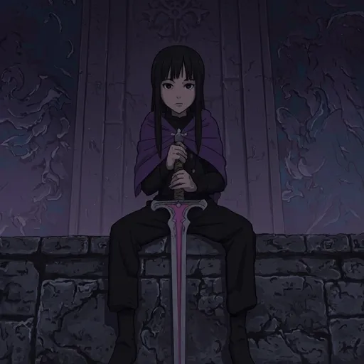 Prompt: The image is an illustration of a young girl sitting on a stone wall with a sword in front of her. The girl has long black hair and is wearing a black outfit with a purple cape. She is holding the sword with both hands and appears to be deep in thought. The sword has a pink cross on it and is positioned in the center of the image. The background is a dark purple color with a hint of blue. The wall behind the girl is made of stone and has intricate carvings and designs. The overall mood of the illustration is somber and contemplative.
