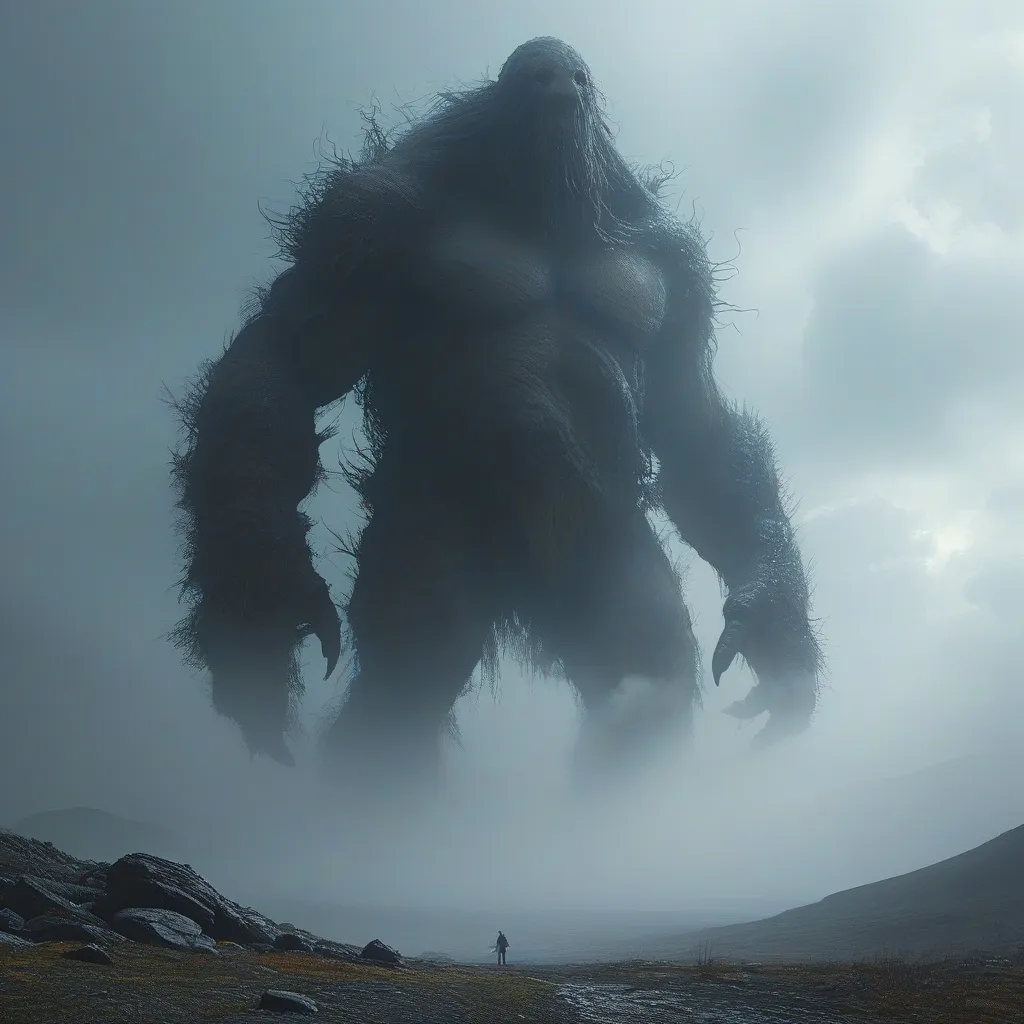 Prompt: (enormous monster in the sky), viewed from below, (obscured by fog), Mie scattering, dramatic atmosphere, surreal and ominous vibe, ethereal lighting, moody colors of grey and blue, hints of creeping shadows, towering figure partially visible, expansive sky landscape, enveloping mist, invoking feelings of awe and fear, (ultra-detailed), (4K).