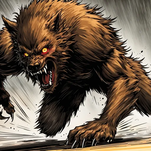 Prompt: werewolf running on all fours, motion blur, intense red and yellow eyes, action lines, comic book art