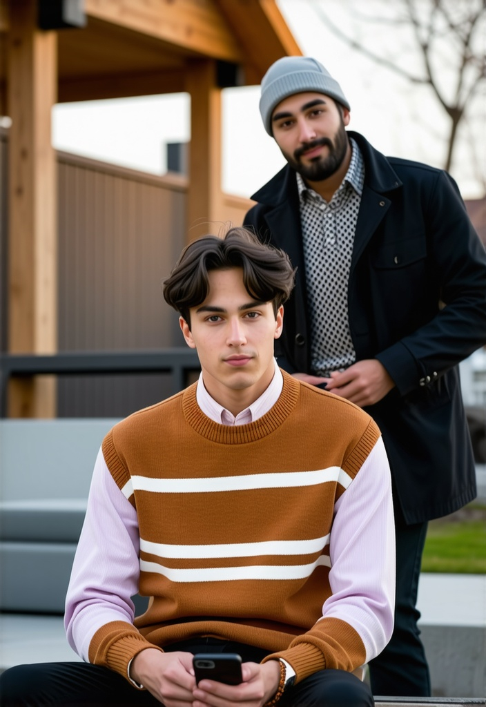 Prompt: In a cozy outdoor setting, two young men are seen, with one sitting in the foreground and the other standing slightly behind him. The man in front has a focused expression, dressed in a brown sweater adorned with white stripes and a light pink shirt, while the background features a simple wooden structure. The standing man, who is casually holding a smartphone, wears a dark jacket with a patterned vest and a gray beanie, looking cheerfully towards the camera with a slight smile. The warm lighting suggests it might be late afternoon, creating a relaxed atmosphere. This scene conveys a sense of camaraderie and casual engagement, capturing a moment of friendship in a comfortable environment.