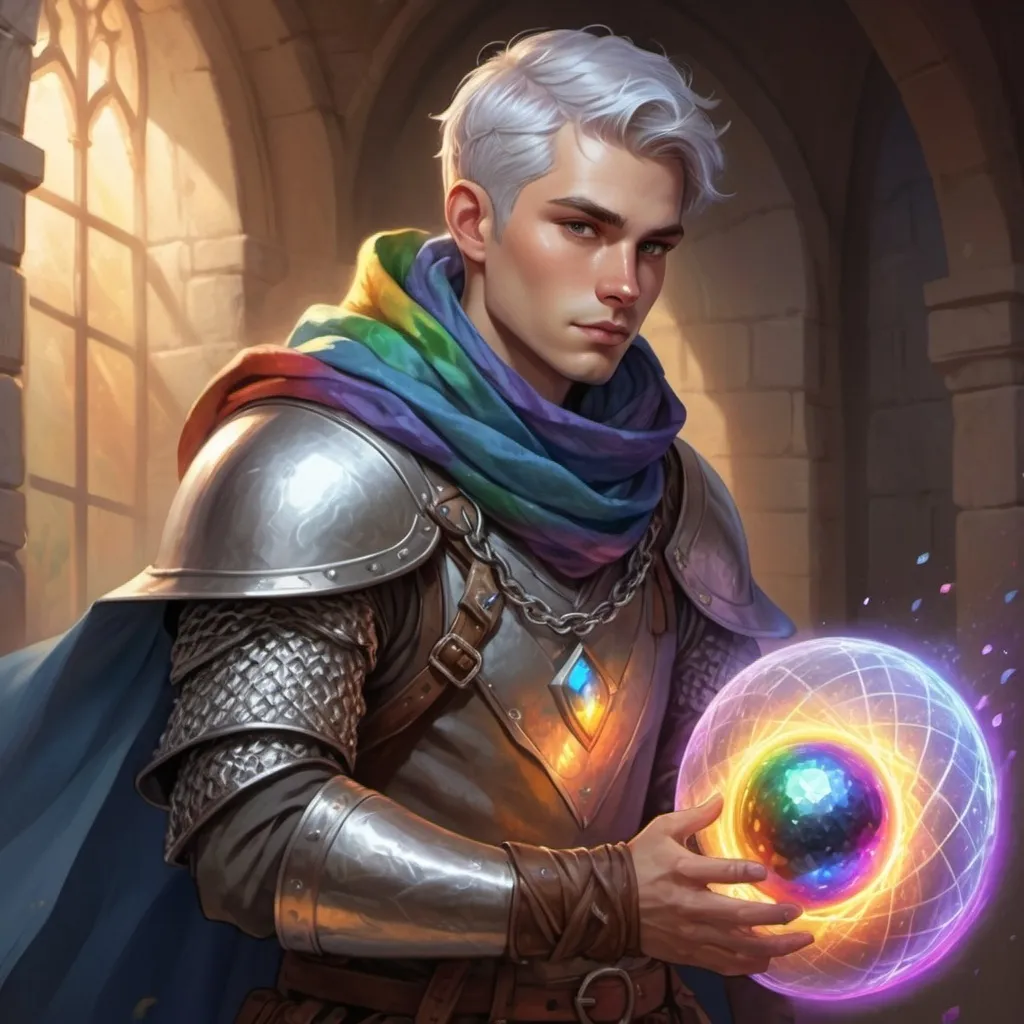 Prompt: 30 years old male human with silver short hair, chain mail, blue scarf, shield, and a rainbow spell orb , fantasy character art, illustration, dnd, warm tone