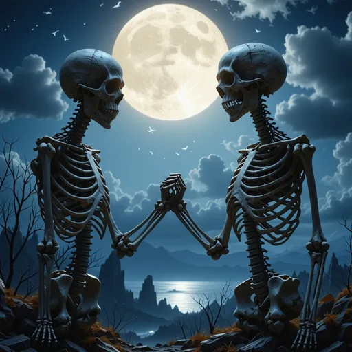 Prompt: two skeletons holding hands under a glowing moon