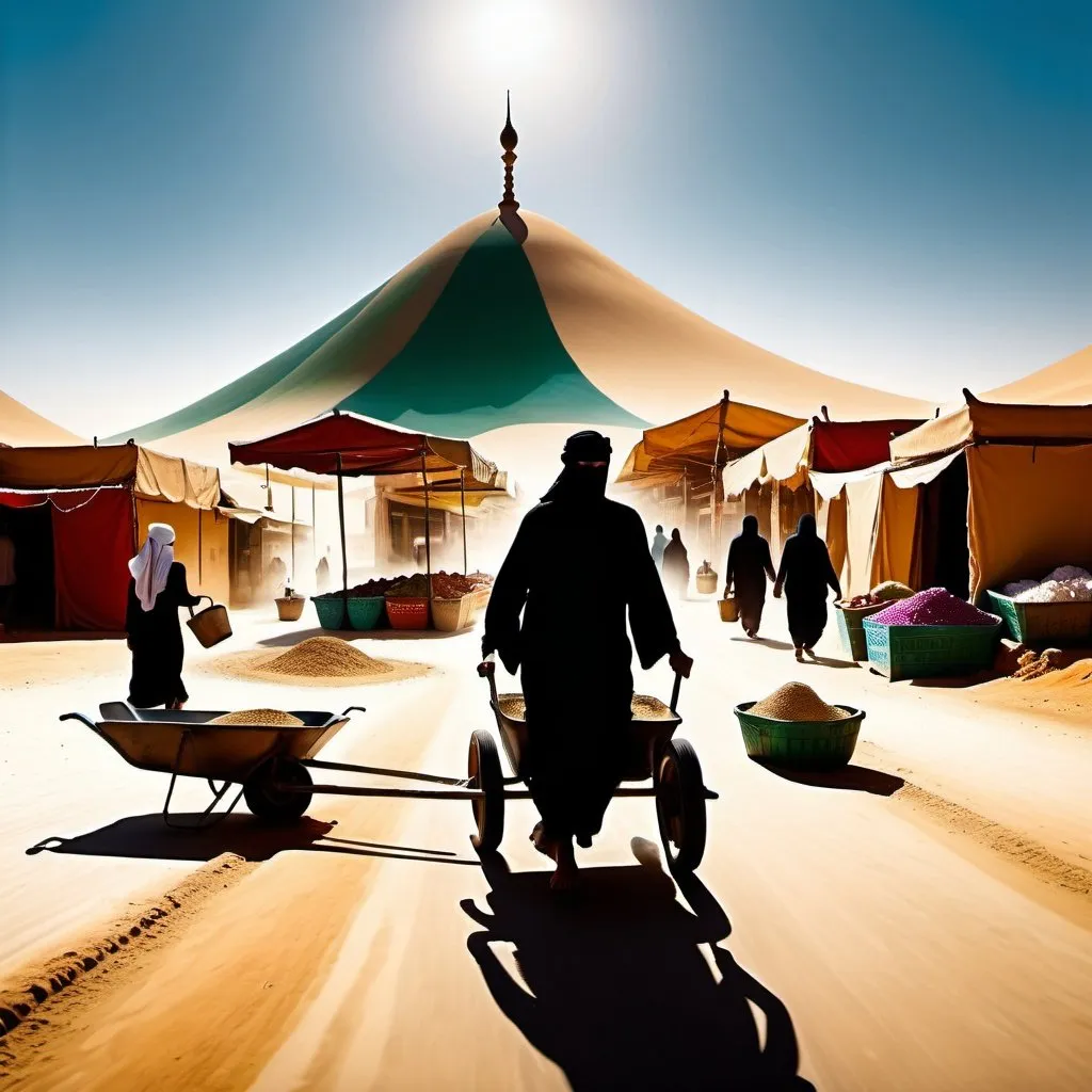 Prompt: wheelbarrow being pushed with a person inside riding being and pushed through a surreal landscape of an arabic market