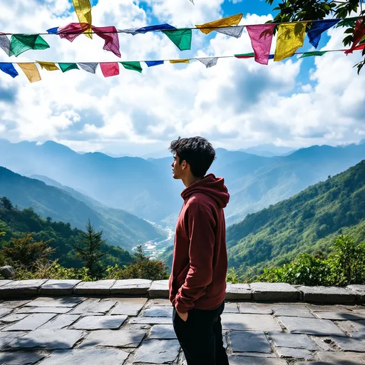 Prompt: Standing on a terrace overlooking a vast mountainous landscape, a person dressed in a reddish-brown hoodie and black pants gazes into the distance, contemplating the serene beauty of nature. Their profile captures a moment of reflection, as they are surrounded by lush green hills that roll into the horizon under a bright sky adorned with fluffy clouds. Above them, colorful prayer flags flutter gently in the breeze, adding a vibrant touch to the tranquil scene. The sturdy stone pavement reflects the outdoor setting, creating a sense of groundedness against the breathtaking backdrop. This scene conveys a peaceful moment of solitude and contemplation, inviting viewers to immerse themselves in the beauty around them.