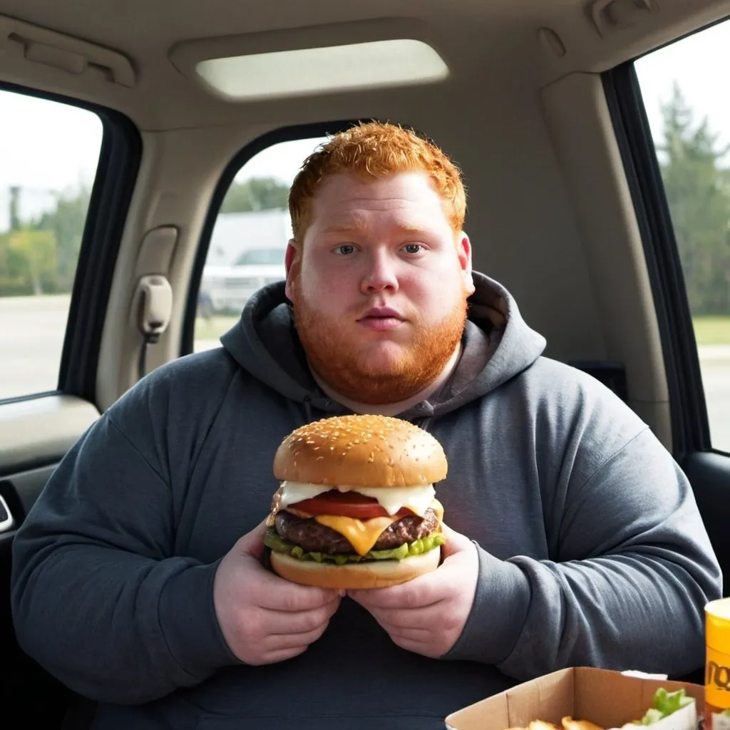 Prompt: Can you make a really fat ginger guy in a hoodie named caseoh and the hoodie and put him in a truck eating burgers