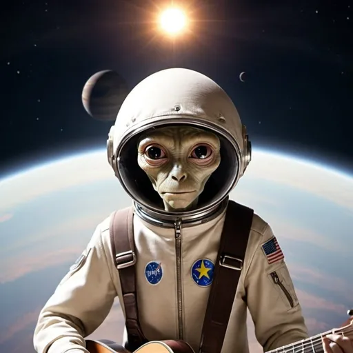 Prompt: I am an alien Astrogator, the son of an aviator who came down to Earth from a distant sun.  He watches me from his spaceship as I play the guitar
