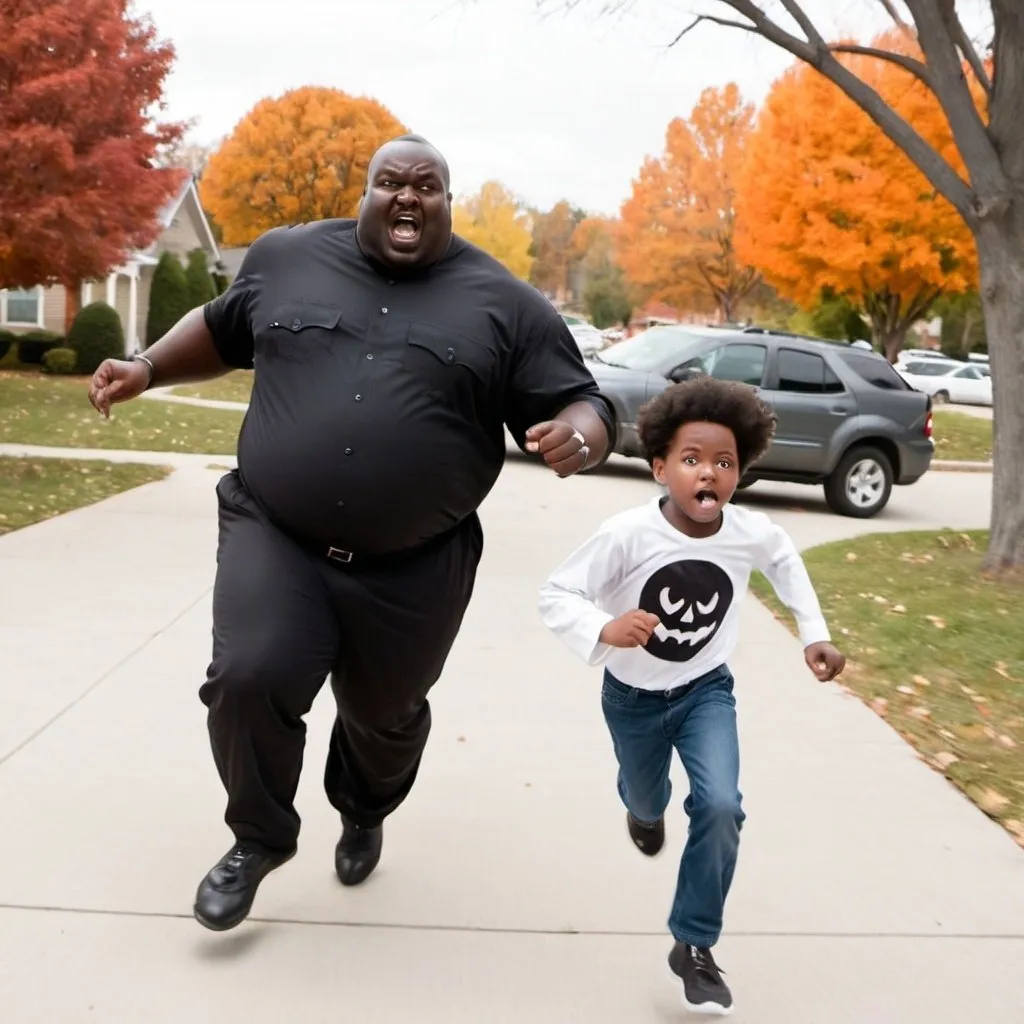 Prompt: white boy running from big black man on halloween