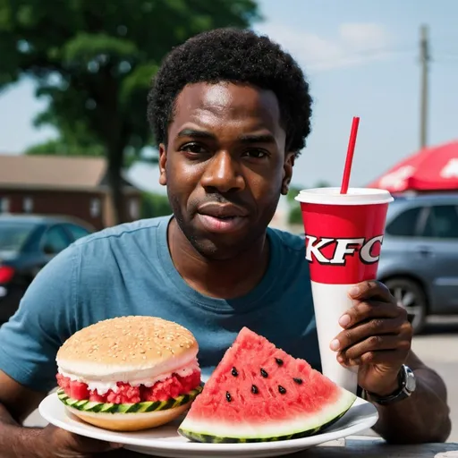 Prompt: black man with kfc and watermelon

