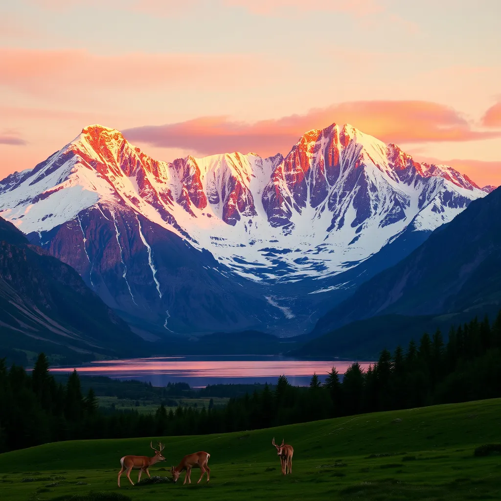 Prompt: Majestic snow-capped mountains at sunset, their peaks glowing pink and orange from the fading light. A serene lake below reflects the vivid hues of the sky, and a family of deer grazes peacefully in the lush, green valley.