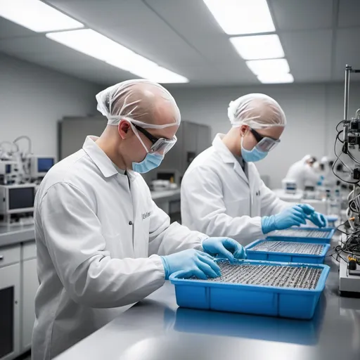 Prompt: Create a photo realistic image of individuals working in a controlled environment such as a clean room wearing clean room attire including hairnets with no hair exposed, clear safety glasses and nitrile gloves, carefully examining semiconductor die in trays and conducting performance tests using specialized equipment to measure reliability metrics. Use depth of field settings to make background more out of focus.
