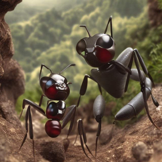 Prompt: Generate:  ant  and  human person  in mountain  , ant to be 2 times bigger than human person. 