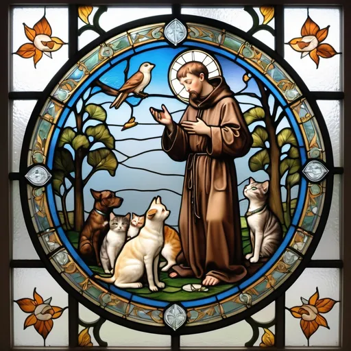 Prompt: art noveau saint francis stained glass in circle with cats, dogs, and birds