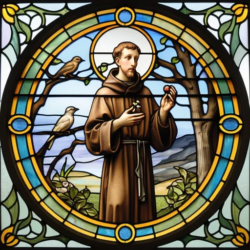 Prompt: art noveau saint francis stained glass in circle with bird