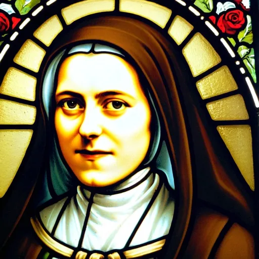 Prompt: stained glass windown of st therese in brown habit of the carmelites with roses 