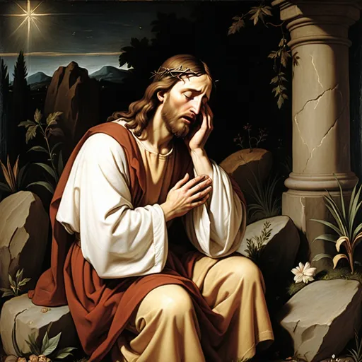 Prompt: Renaissance style jesus crying in the garden in the evening, leaning on a rock