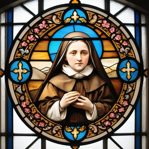 Prompt: circle shaped stained glass of Saint Therese of Lisieux 