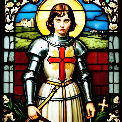 Prompt: stained glass image of saint joan of arc