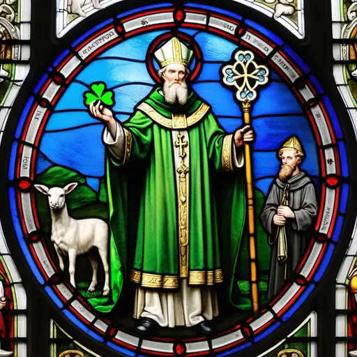 Prompt: circle shaped stained glass of Saint Patrick as a bishop holding shepherd's staff in one hand and a shamrock in the other