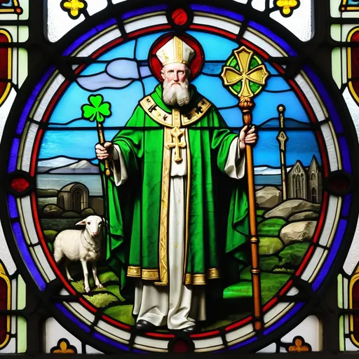 Prompt: circle shaped stained glass of Saint Patrick as a bishop holding shepherd's staff in one hand and a shamrock in the other