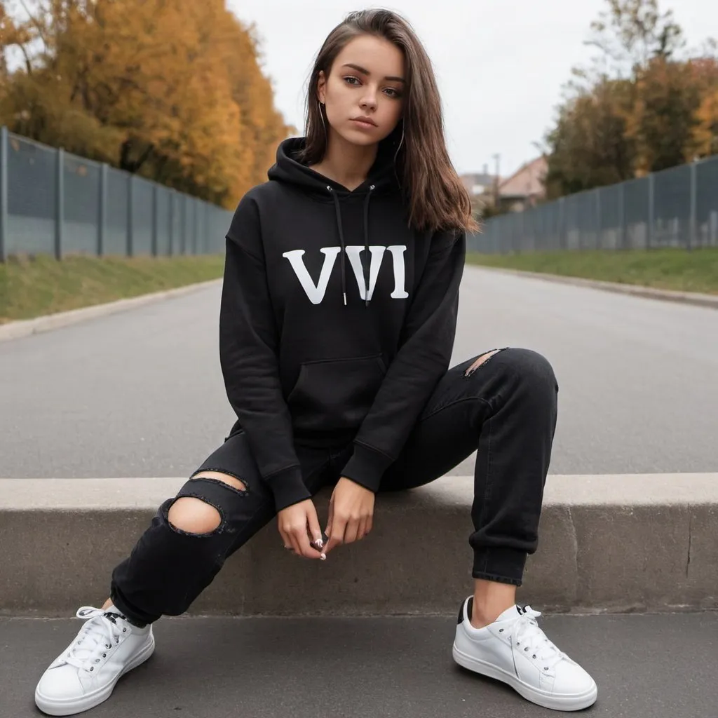 Prompt: A girl backing the view wearing a black hoodie with the inscription " VIVI" on it and black boyfriend jeans and white sneakers