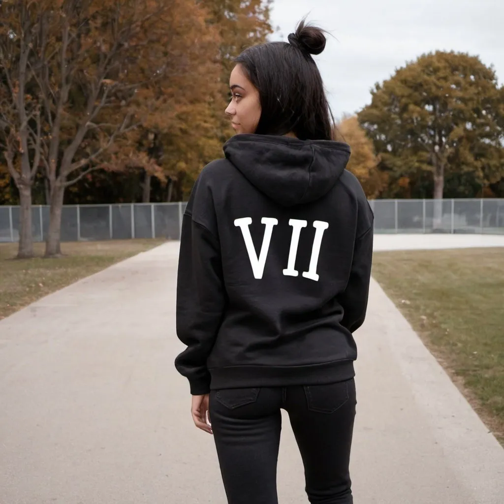 Prompt: A girl backing the view wearing a black hoodie with the inscription " VIVI" on it and black boyfriend jeans and white sneakers. She is facing front, The back of her hoodie showing with VIVI on the back