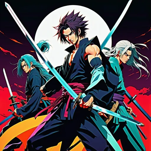 Prompt: two anime characters are posing for a picture together with swords in their hands and their butts exposed,, Baiōken Eishun, transgressive art, anime visual, an album cover