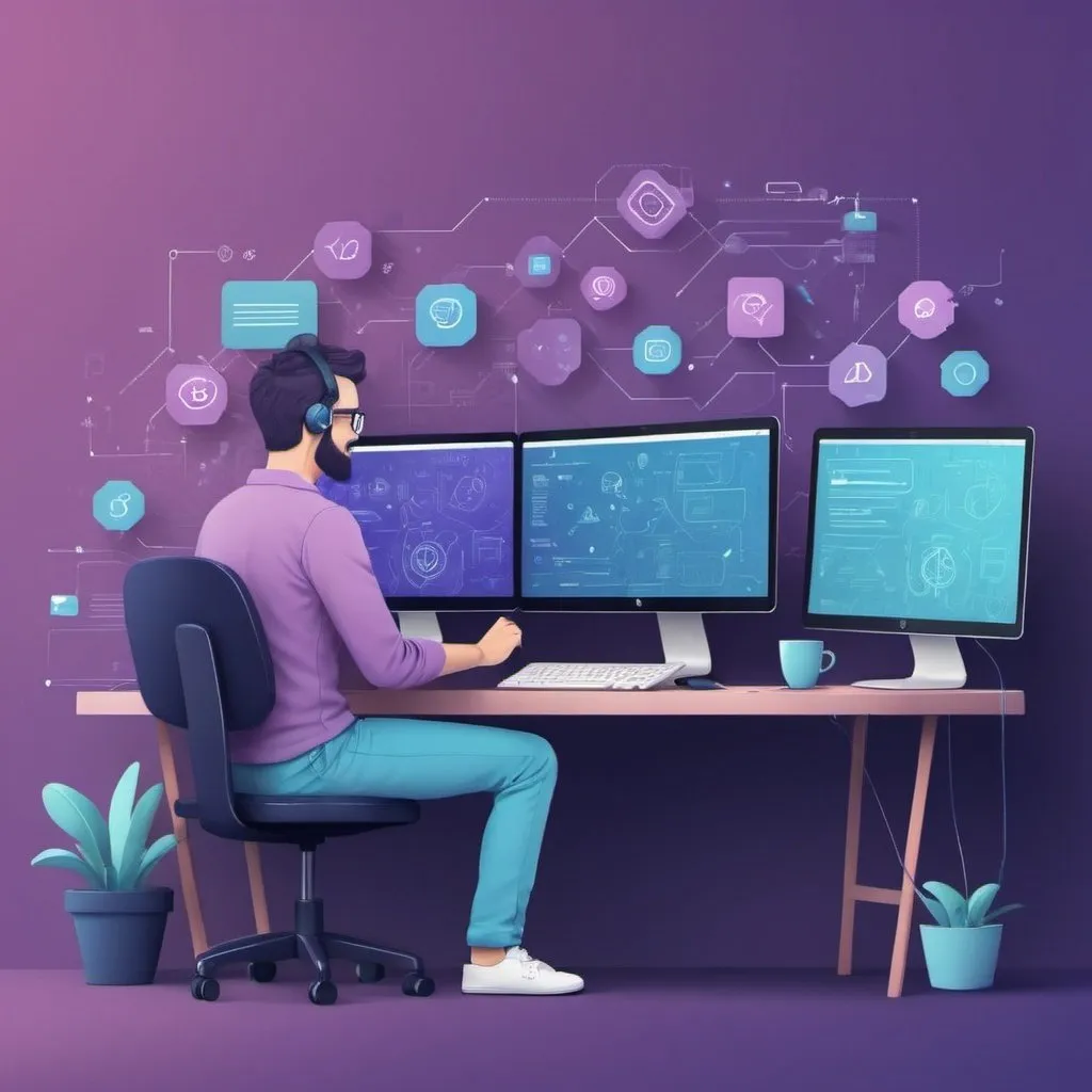 Prompt: Create a banner image that can be used at the top of a webpage that is using a muted color palate with purples and blues, is kind of playful and animated and shows computers and coding being done in a fun and enjoyable way.  Keep the image professional, but not serious.
