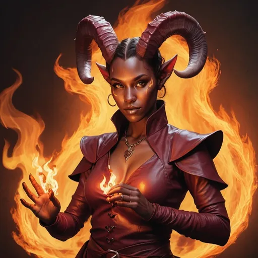 Prompt: hyper-realistic Tiefling character with fire hands, fantasy character art, illustration, dnd, warm tone