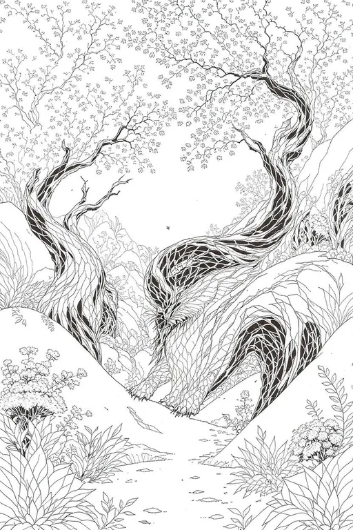 Prompt: black and white fantasy coloring page