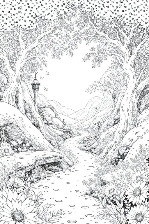 Prompt: black and white fantasy coloring page