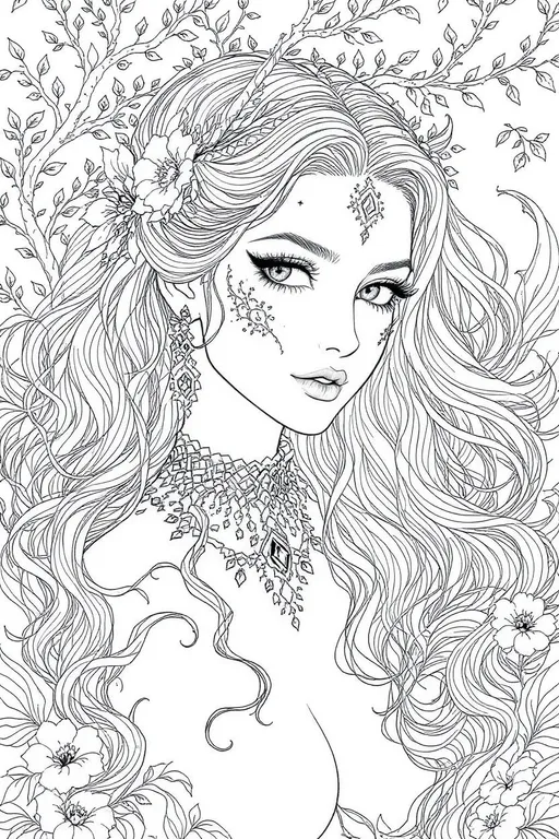 Prompt: black and white fantasy coloring page