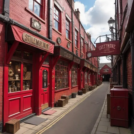 Prompt: Steampunk alley red little shops in the UK 