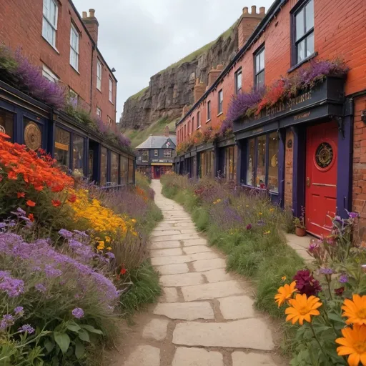 Prompt: A dirt path just outside of a steampunk alley with red shops. This path has red and orange flowers and purple flowers and yellow flowers alongside a cliff in the UK